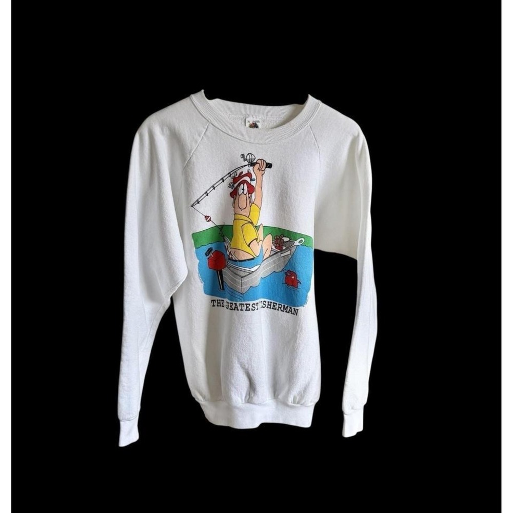Sharky's 1989 Sweatshirt Sz XL Fishing Art‎ Funny Comic Raglan Sleeve White - Picture 2 of 8